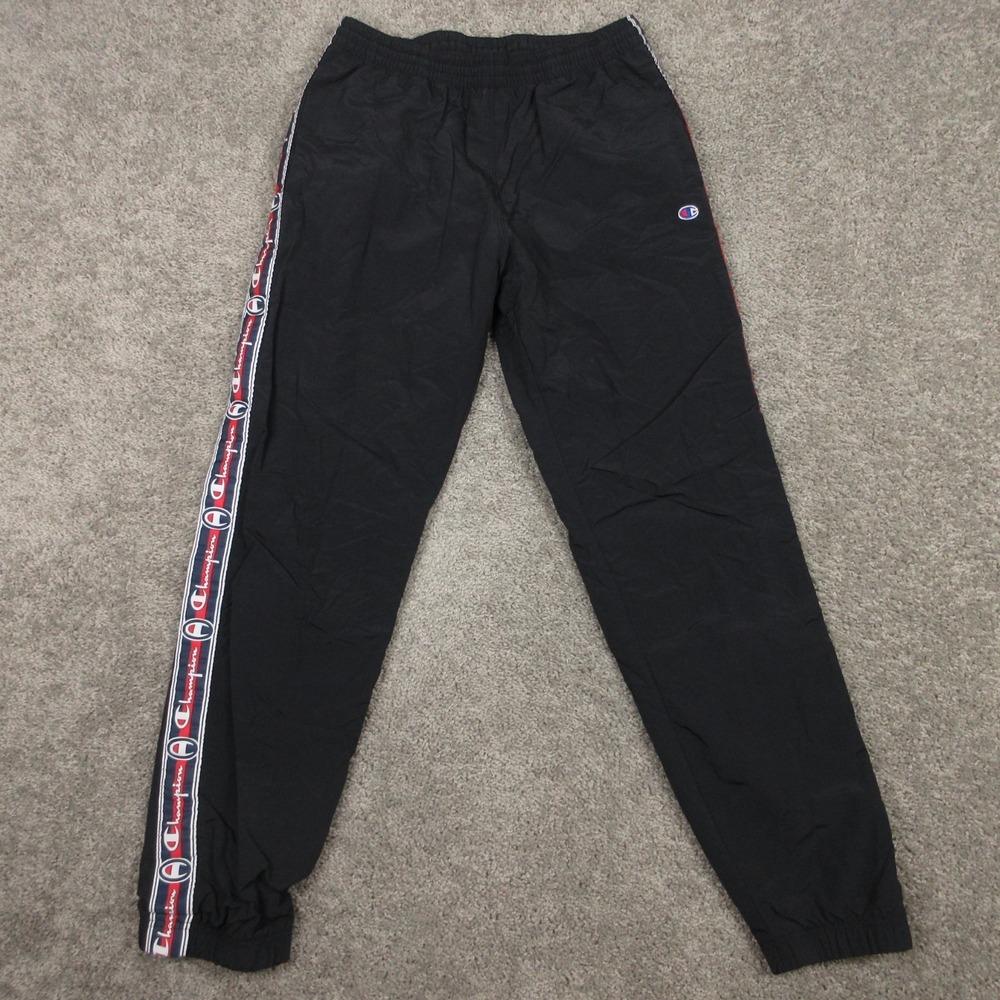Champion Track Pants Mens Large Black Striped Windbreaker Warmup Logo Hip Hop